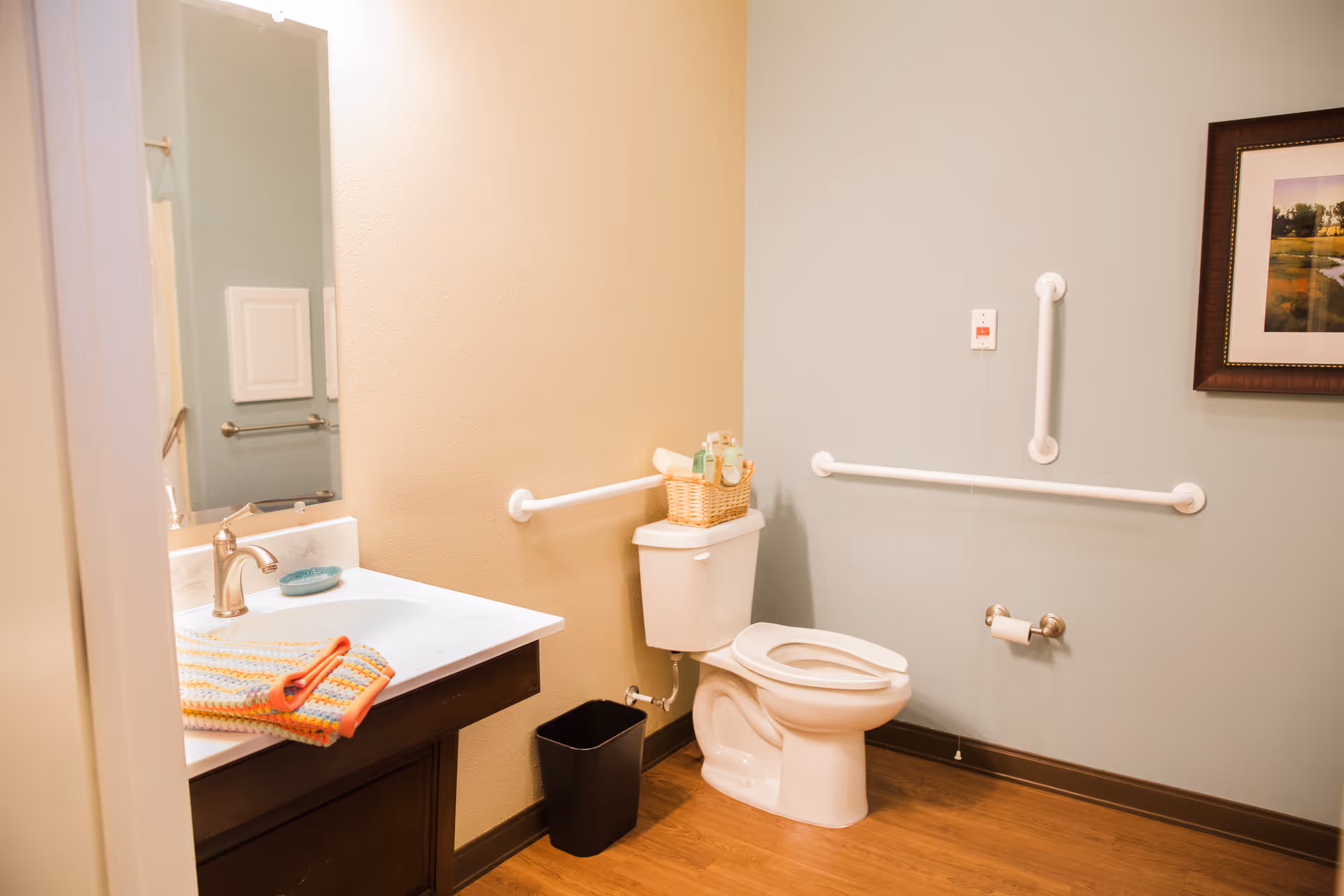 A clean and accessible bathroom with a white toilet, grab bars on the walls, a sink with a faucet, a mirror above the sink, a small trash bin, and a basket with toiletries on the toilet tank. The walls are painted in beige and light blue, and there is a framed picture hanging on the wall.