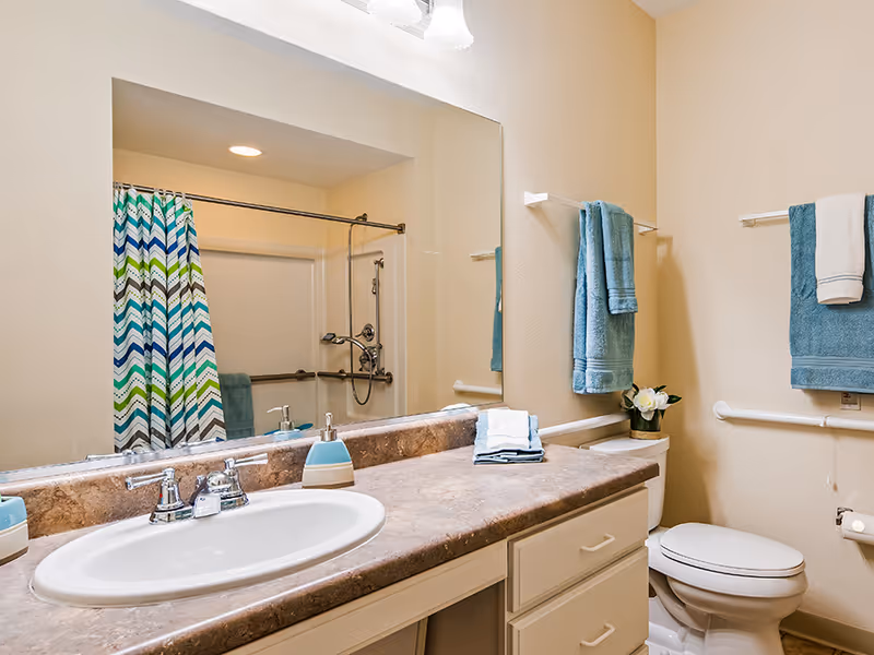 Well-lit bathroom with a sink vanity and large mirror, toilet, and a shower with a colorful chevron curtain.