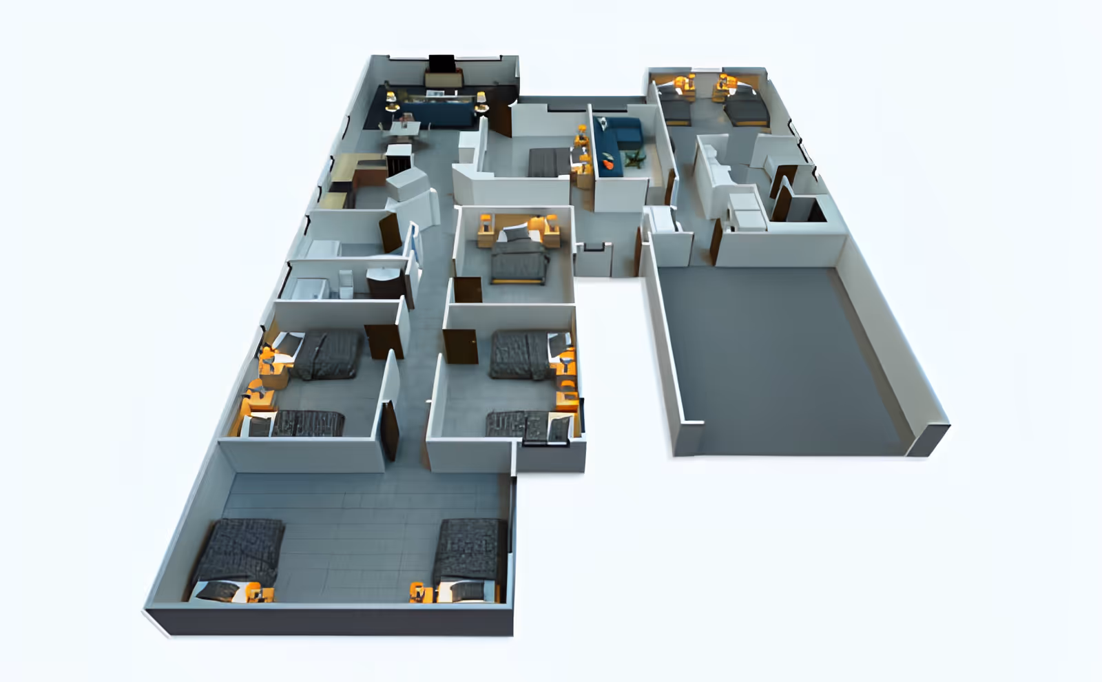 3D architectural floor plan of a facility showing multiple rooms including bedrooms with beds and nightstands, bathrooms, a living area with seating, and other interior spaces.