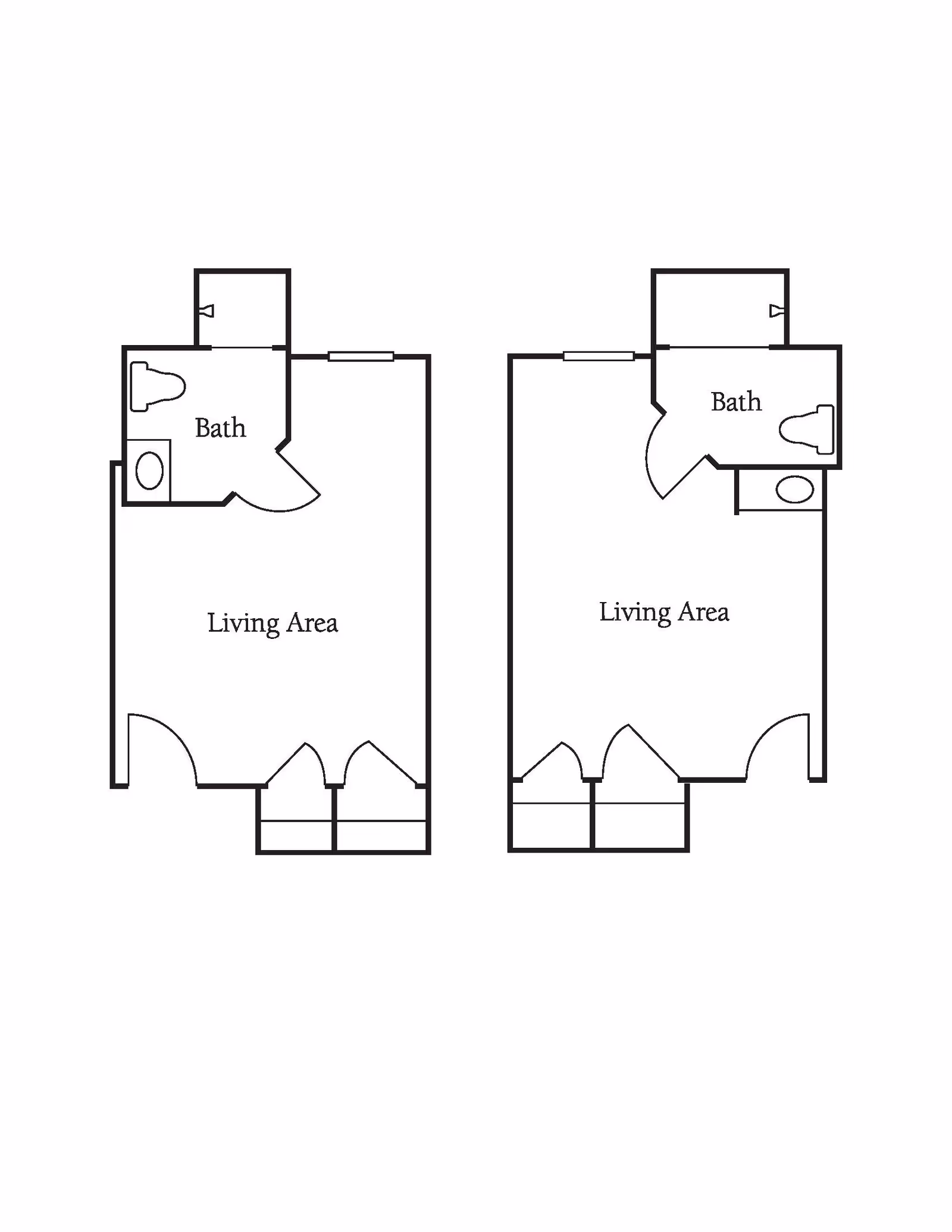 Two simple floor plans side by side, each showing a living area and a bathroom. Both layouts include a door to the living area, a bathroom with a toilet and sink, and closet spaces near the entrance.