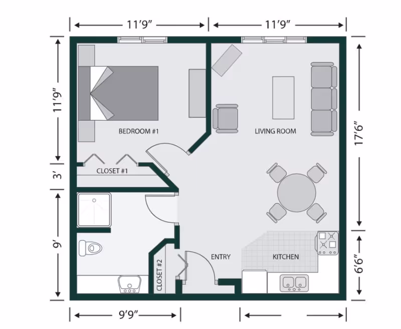 Floor plan of a one-bedroom apartment showing a bedroom with a bed and closet, a living room with seating and a coffee table, a dining area with a round table and four chairs, a kitchen with appliances and a sink, a bathroom with a shower, toilet, and sink, and two closets near the entry.