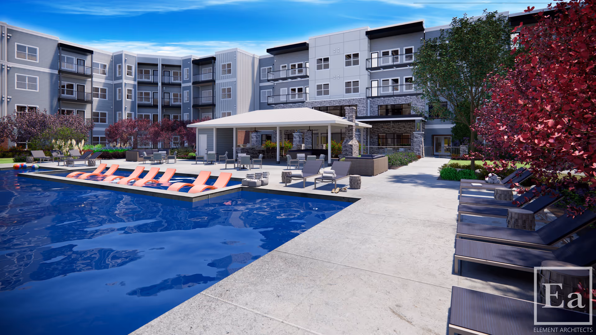 Outdoor pool area at a senior living facility with several orange lounge chairs partially submerged in the water, additional lounge chairs on the pool deck, a covered seating area with tables and chairs, surrounded by a multi-story residential building and landscaped with trees and shrubs.