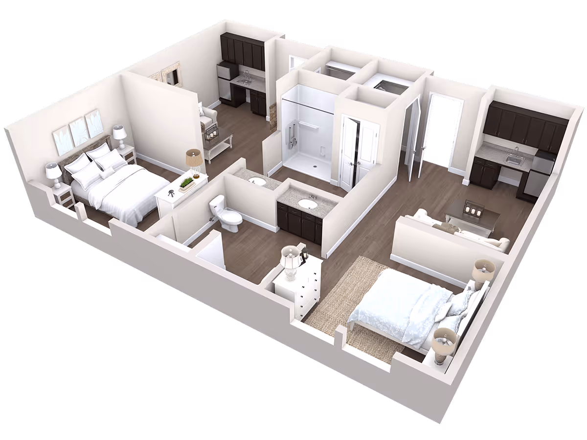 3D floor plan of a two-bedroom apartment featuring two bedrooms with beds and nightstands, a bathroom with a shower and double sink vanity, two kitchen areas with cabinets and appliances, and living areas with seating and tables.