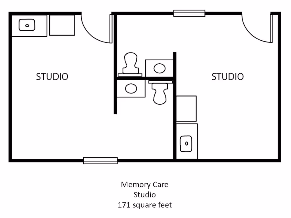 Floor plan of a memory care studio apartment at Whitley Place, showing two studio rooms each with a sink and a shared bathroom area with two toilets and two sinks. The total area is 171 square feet.