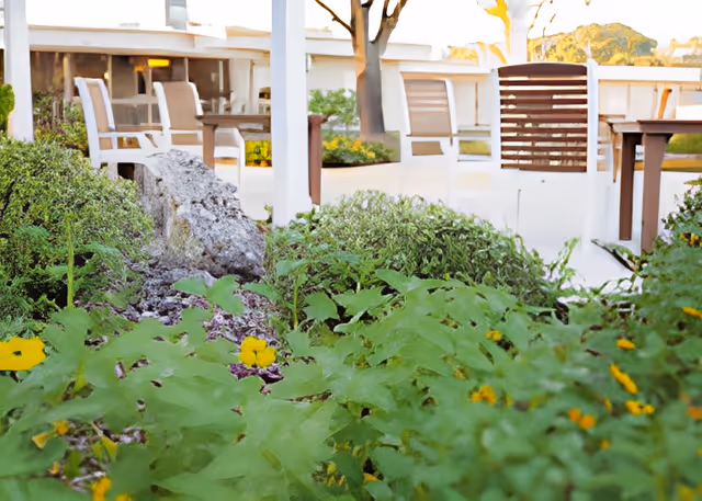 Outdoor garden area with green plants and yellow flowers in the foreground, a large rock, and white patio furniture including chairs and a table under a pergola structure in the background.