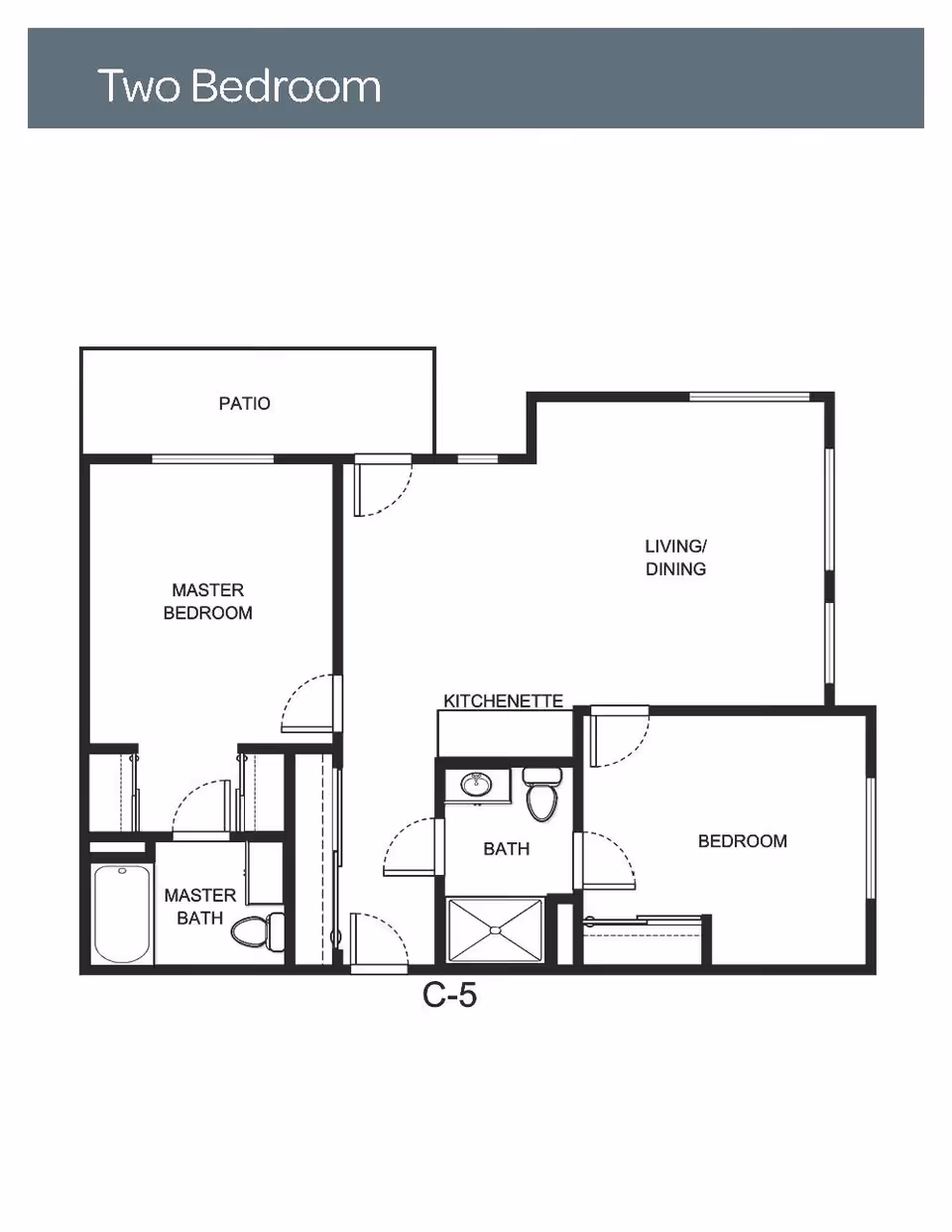 Floor plan layout of a two-bedroom unit labeled C-5, showing a master bedroom with attached master bath, a second bedroom, a bath, a kitchenette, a living/dining area, and a patio.