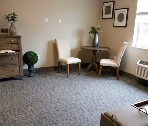 A small sitting area in a room with two beige upholstered chairs around a round wooden table with a blue vase holding flowers. The room has a gray patterned carpet, a wooden dresser with a plant and picture frame on top, two framed artworks on the wall, a window with natural light, and a wall-mounted air conditioning unit.
