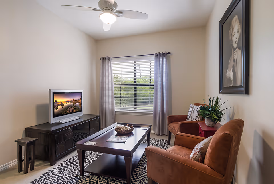 A cozy living room with two brown armchairs, a wooden coffee table with a basket and magazine on it, a dark wooden TV stand with a flat-screen TV displaying a sunset scene, a window with gray curtains, a ceiling fan with light, and a framed black and white portrait on the wall.