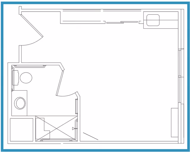 Architectural floor plan of a small living space featuring a bathroom with a toilet, sink, and shower, an open area with a kitchen sink, and an entrance door.