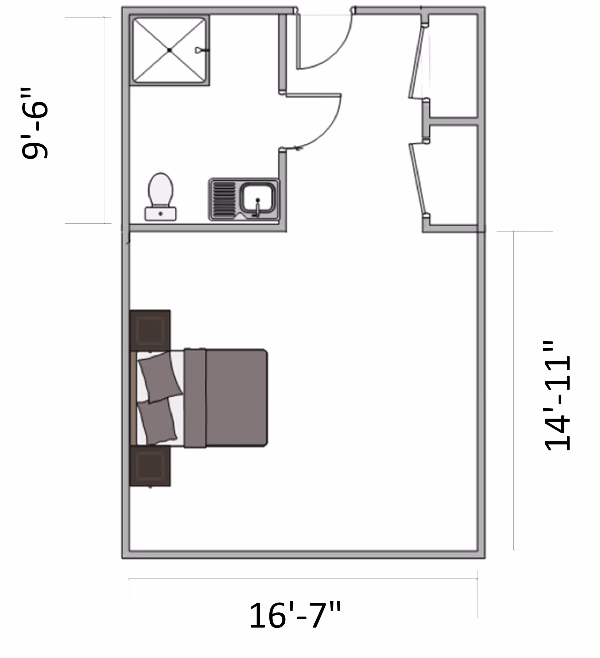 Floor plan of a small living space featuring a bedroom area with a bed and two nightstands, a bathroom with a shower, toilet, and sink, and a closet area near the entrance. Dimensions are labeled as 16 feet 7 inches by 14 feet 11 inches, and 9 feet 6 inches for the bathroom section.