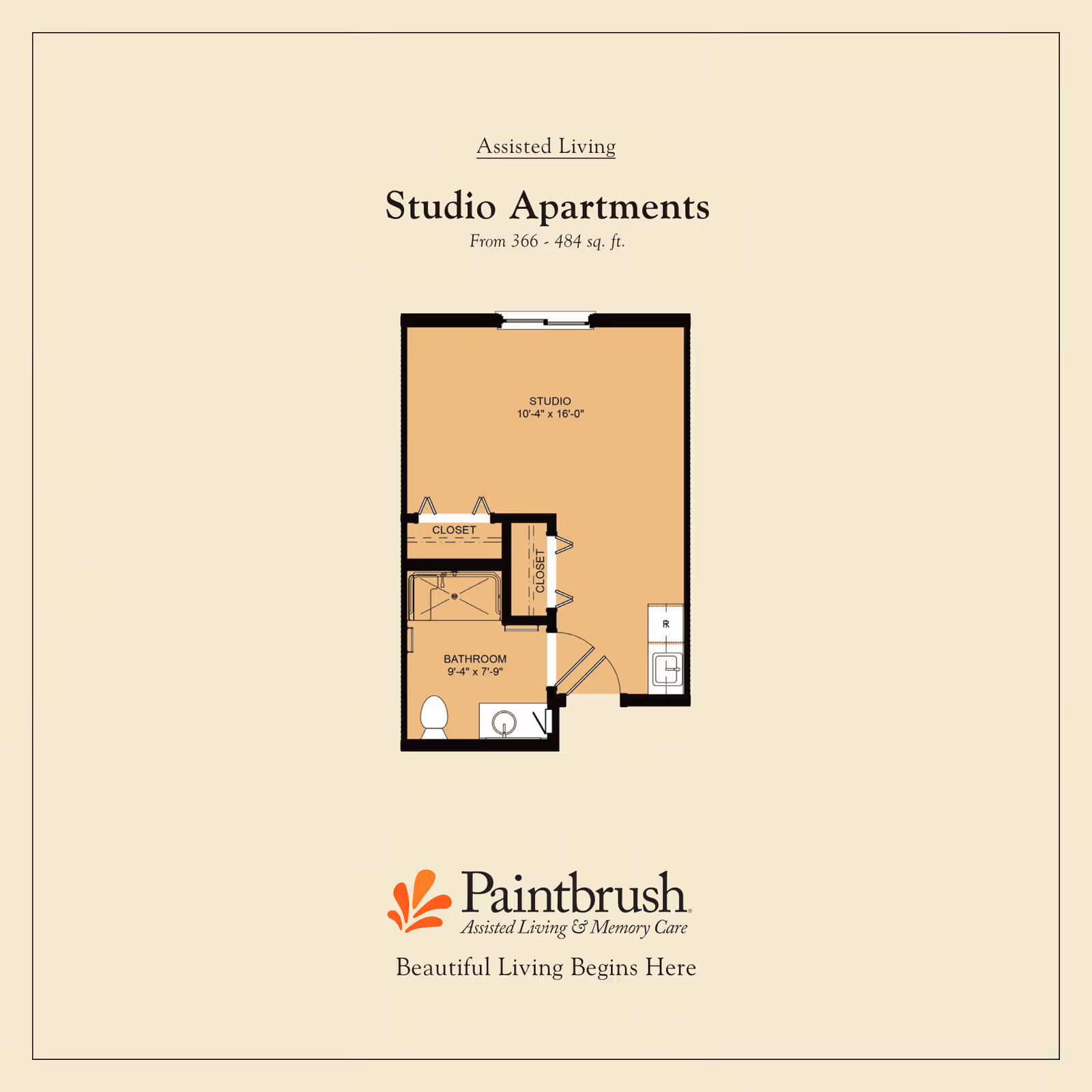 Floor plan of a studio apartment in an assisted living facility showing a studio area measuring 10 feet 4 inches by 16 feet, a bathroom measuring 9 feet 4 inches by 7 feet 9 inches, two closets, and a small kitchenette area. The plan is labeled with Paintbrush Assisted Living & Memory Care branding and the tagline 'Beautiful Living Begins Here.'