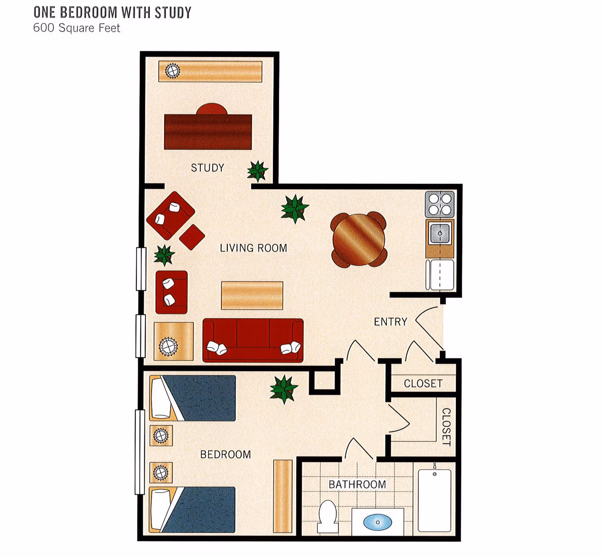 Floor plan of a one-bedroom apartment with a study, covering 600 square feet. The layout includes a study area with a desk, a living room with seating and a coffee table, a bedroom with two beds and nightstands, a bathroom with a toilet, sink, and bathtub, a kitchen area with a stove and sink, an entryway, and two closets. Several plants are placed throughout the living room and study.