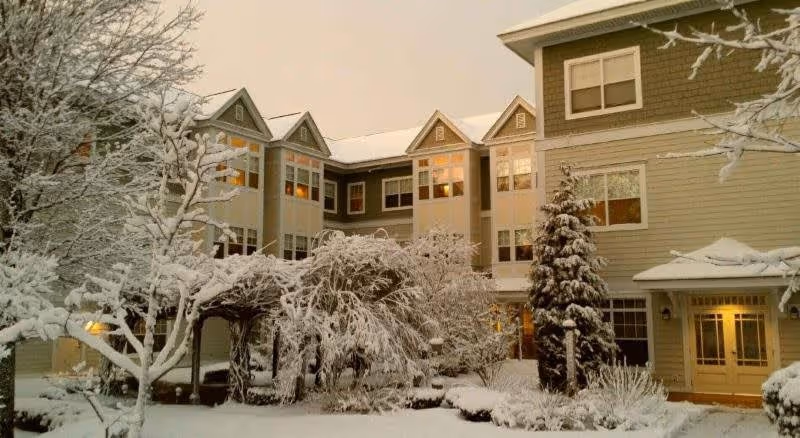 Exterior view of a senior living facility building named Tamarisk Senior Living during winter, with snow-covered trees, bushes, and ground. The building has multiple windows, some with lights on, and a covered entrance area.