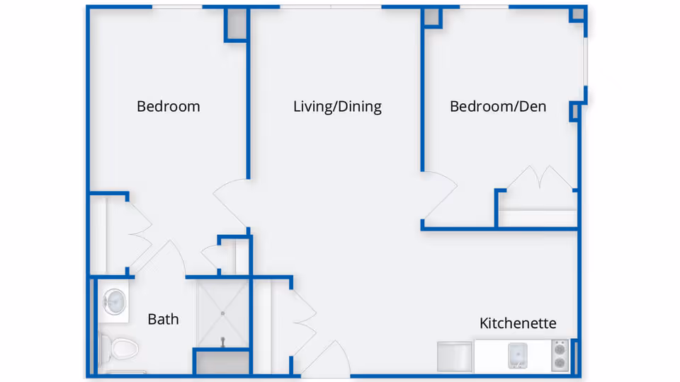 Floor plan of a senior living unit at The Falls at Cordingly Dam showing a layout with a bedroom, a bedroom/den, a living/dining area, a bath with a toilet, sink, and shower, and a kitchenette with a sink and stove.