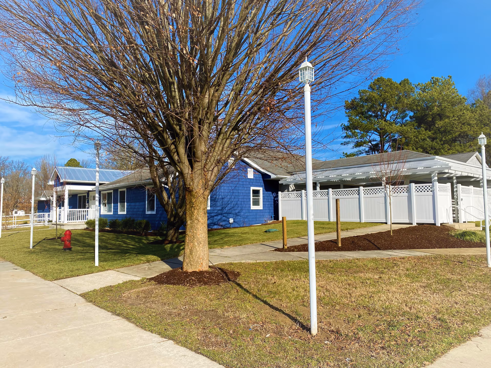 Blue single-story assisted living building with a white fence, lamp posts and a large leafless tree in the front yard under a clear blue sky.