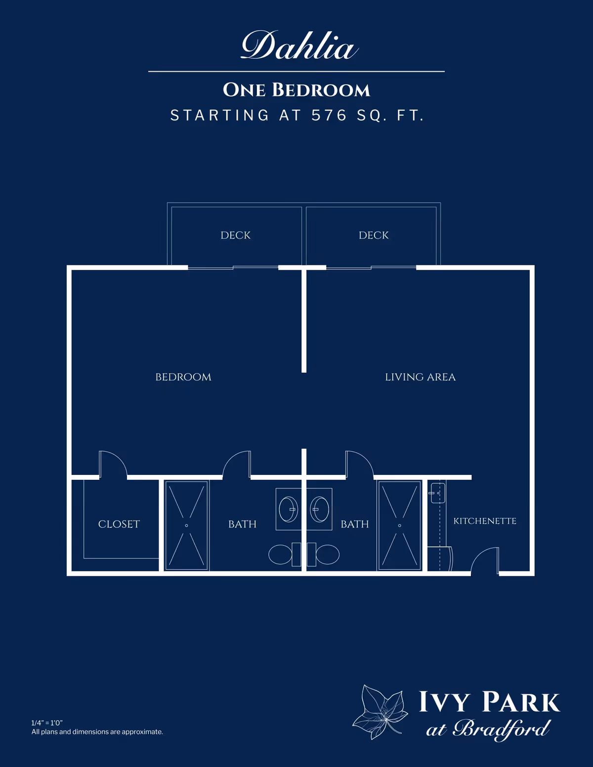 Floor plan for Dahlia one-bedroom apartment at Ivy Park at Bradford, showing a bedroom with closet, two bathrooms, a living area, kitchenette, and two decks. The total area starts at 576 square feet.