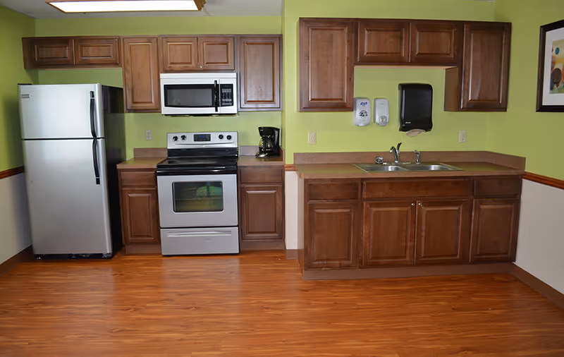 Small kitchen with stainless steel refrigerator and stove, wooden cabinets, double sink, and lime green walls.