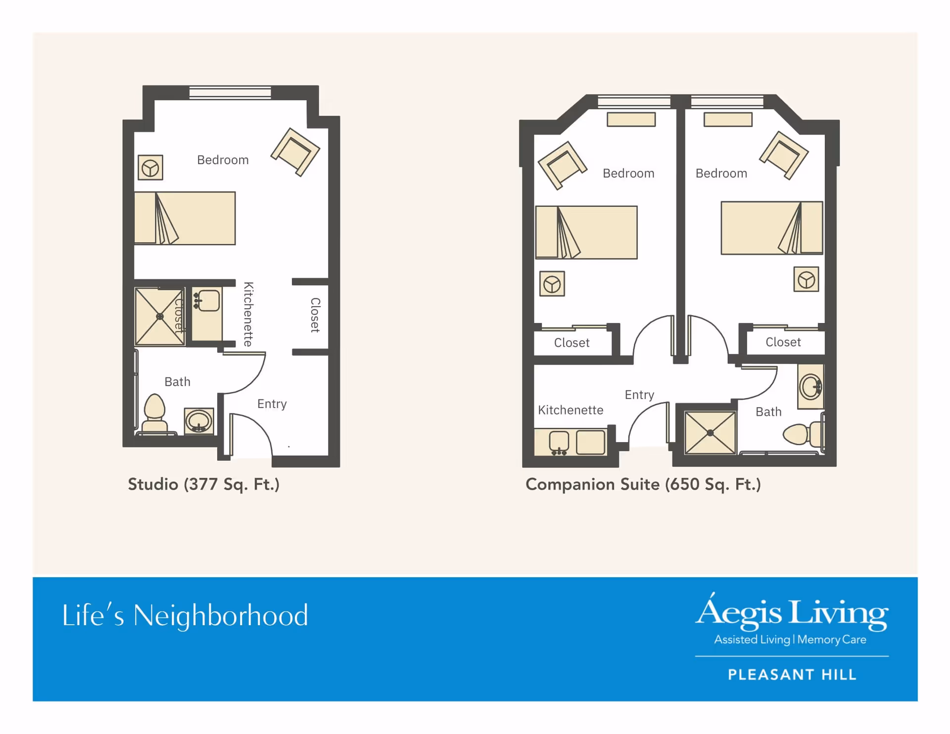 Floor plans for two types of living spaces at Aegis Living Pleasant Hill: a Studio with 377 square feet featuring a bedroom, kitchenette, bath, closet, and entry; and a Companion Suite with 650 square feet featuring two bedrooms, a kitchenette, bath, closets, and an entry.