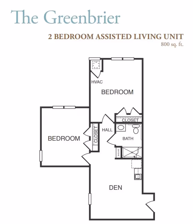 Floor plan of The Greenbrier, a 2 bedroom assisted living unit with 800 square feet. The layout includes two bedrooms, a den, a bathroom with a shower, closets, a hall, and an HVAC area.