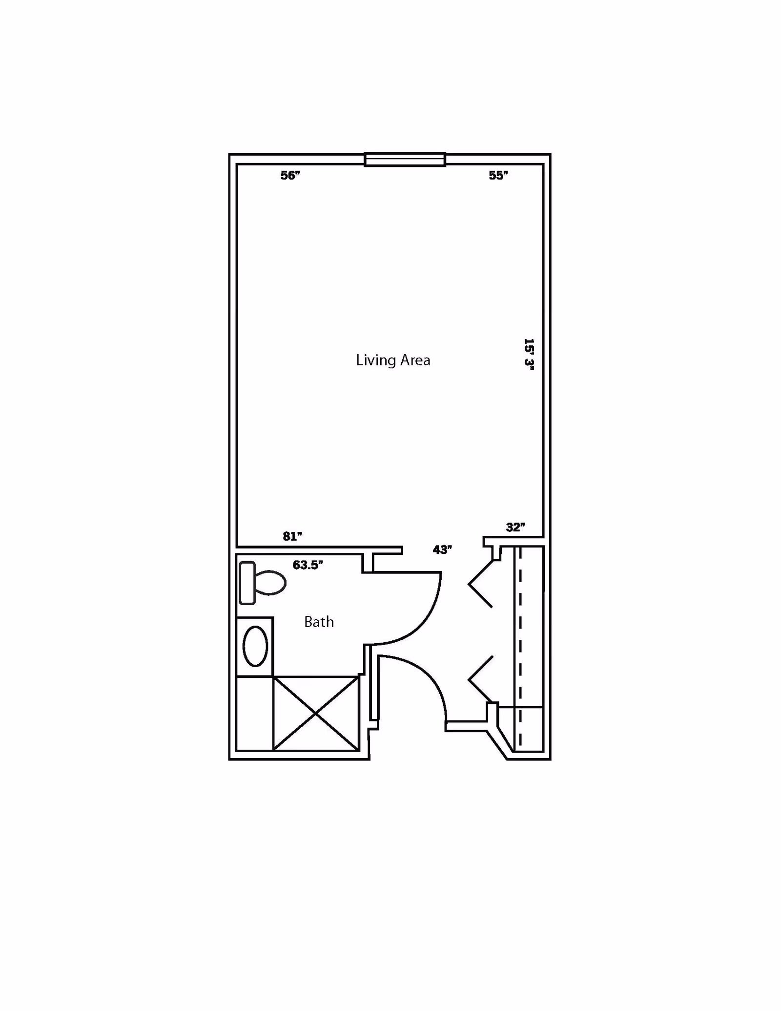 Floor plan layout showing a living area and a bath. The living area is rectangular with dimensions labeled, and the bath includes a toilet, sink, and shower. There is also a closet space near the entrance.