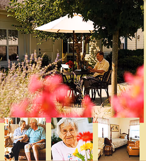 An outdoor patio area with a man sitting at a table under a white umbrella, pink flowers blurred in the foreground and three small inset photos of residents and a bedroom along the bottom.