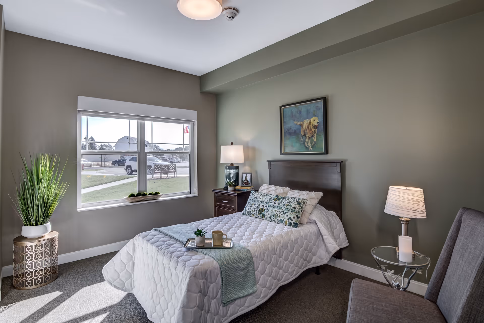 Sunlit bedroom with a single bed, bedside tables and lamps, a framed dog painting above the headboard, and a window showing the outdoor grounds.