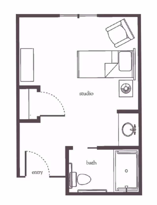 Floor plan of a studio apartment at Atria Cinco Ranch showing an entry area, a combined living and sleeping space with a bed, chair, and dresser, and a separate bathroom with a toilet, sink, and bathtub.