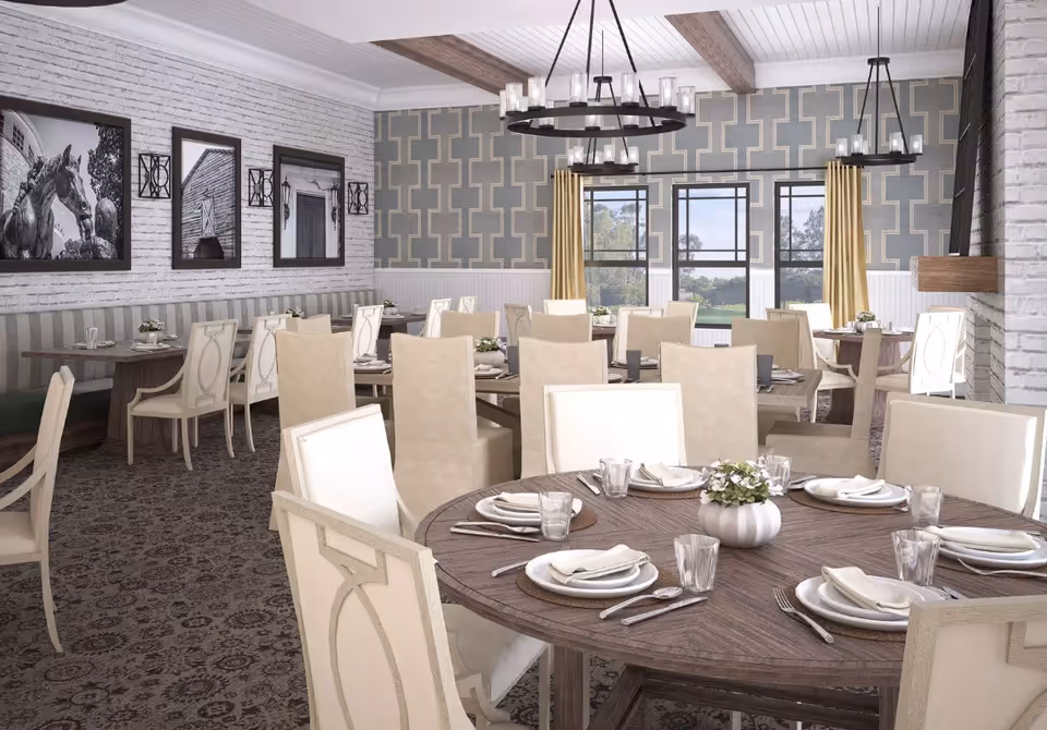 Bright dining room with round and rectangular tables set for meals, beige chairs, patterned wallpaper, and large windows.