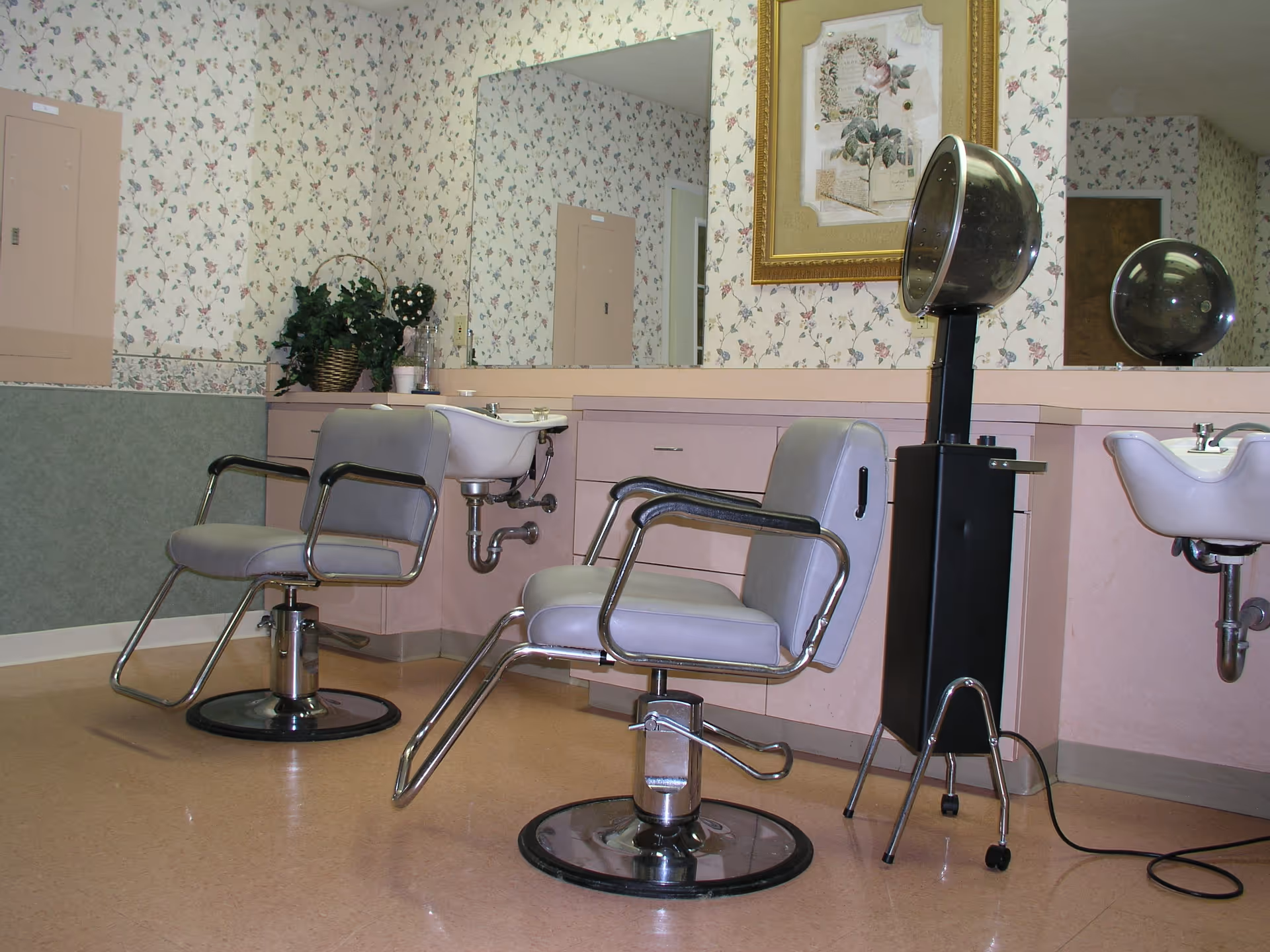 Interior of a salon area with two gray salon chairs, a hair washing sink, a black hair dryer hood on a stand, floral wallpaper, a large mirror, and a framed floral picture on the wall.