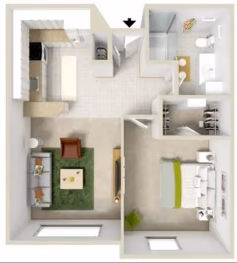 3D floor plan of a one-bedroom apartment featuring a living room with sofa, armchair, and coffee table on a green rug, a kitchen with appliances and cabinets, a bedroom with a bed and nightstands, a bathroom with a shower, toilet, and double sink, and closets near the entrance and bedroom.
