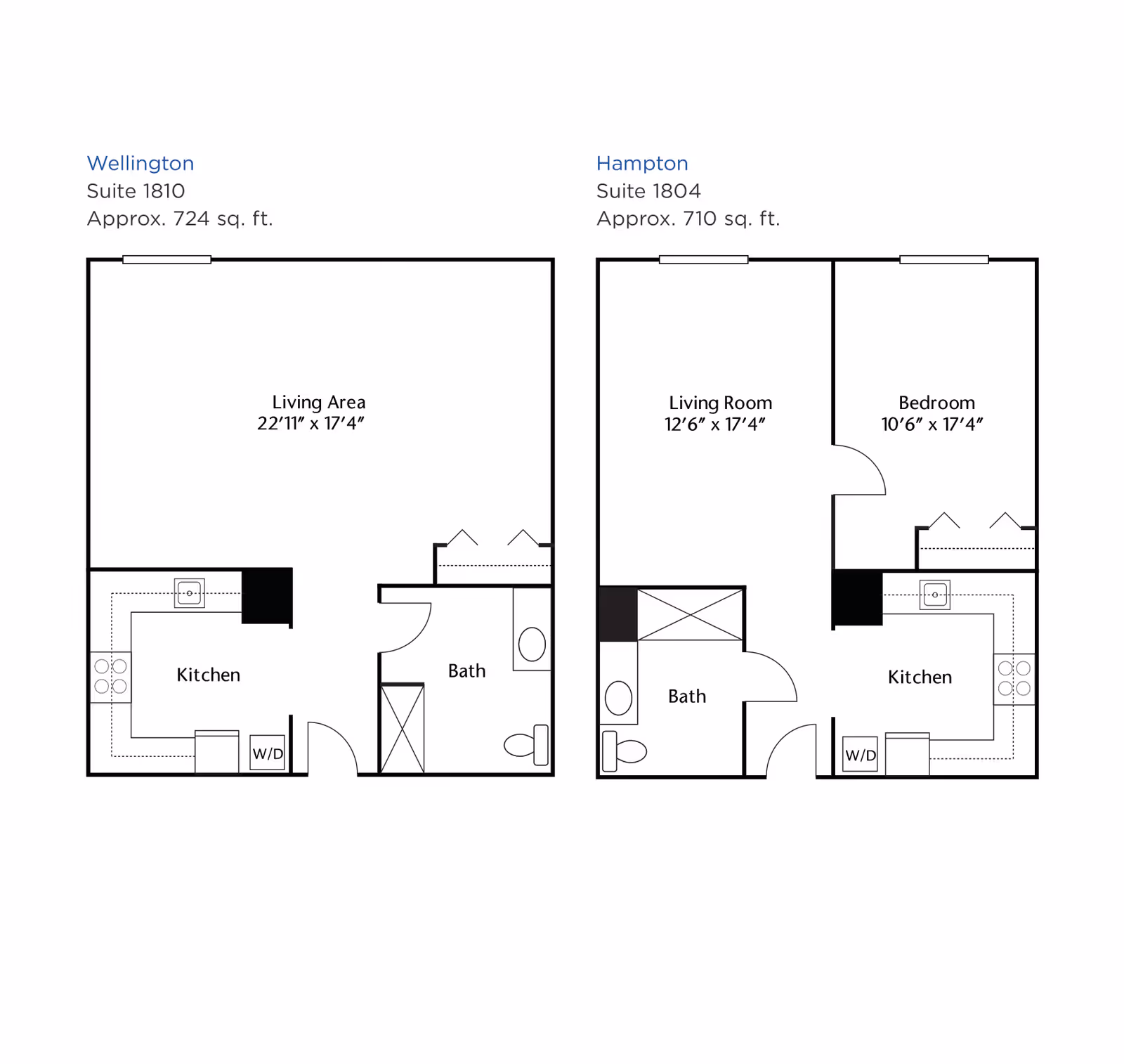 Floor plans for two suites at Brookdale Edina. The Wellington Suite 1810 is approximately 724 sq. ft. with a large living area, kitchen, bath, and washer/dryer. The Hampton Suite 1804 is approximately 710 sq. ft. with a living room, bedroom, kitchen, bath, and washer/dryer.