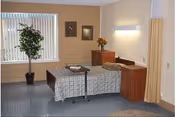 A simple, clean patient room with a single bed covered in a checkered blanket, a small overbed table, a wooden dresser with a vase of flowers, a potted plant near a window with vertical blinds, and framed artwork on the walls.