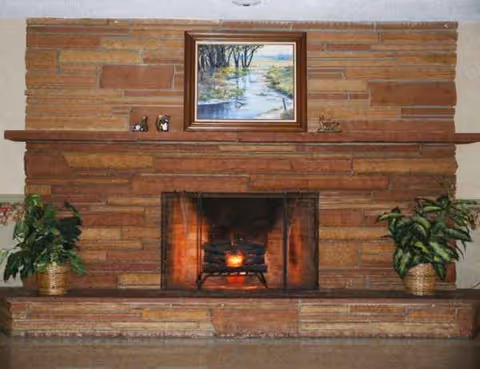 A stone fireplace with a lit fire, framed painting, and potted plants on both sides.