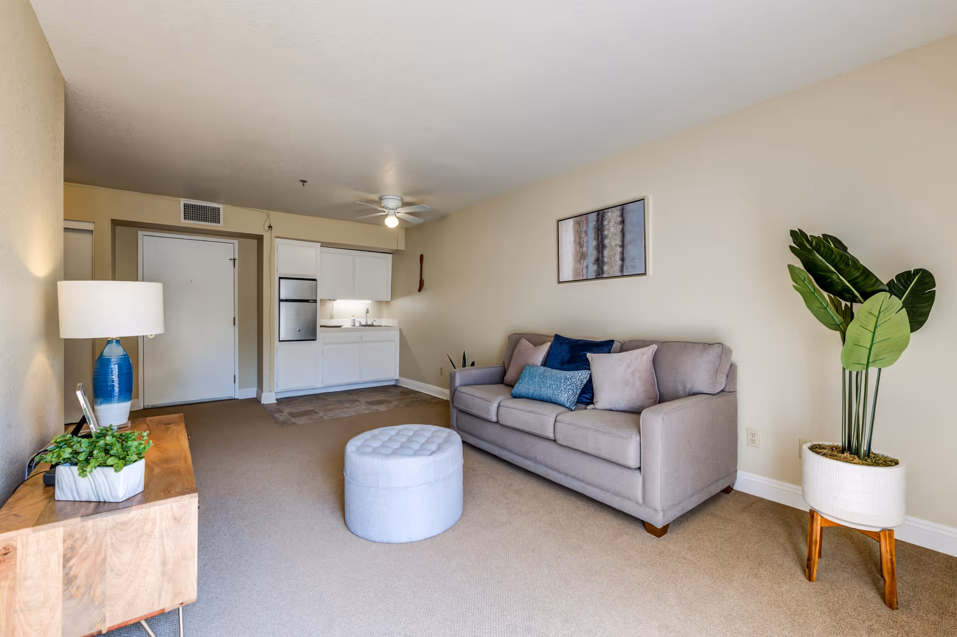 Bright living room with a gray sofa, round ottoman, wooden console with lamp and plants, and a small kitchenette in the background.