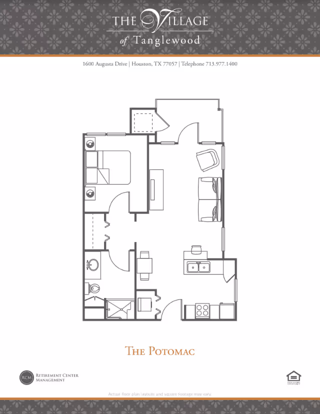 Floor plan layout of The Potomac apartment at The Village of Tanglewood, showing a bedroom, bathroom, kitchen, dining area, and living room.