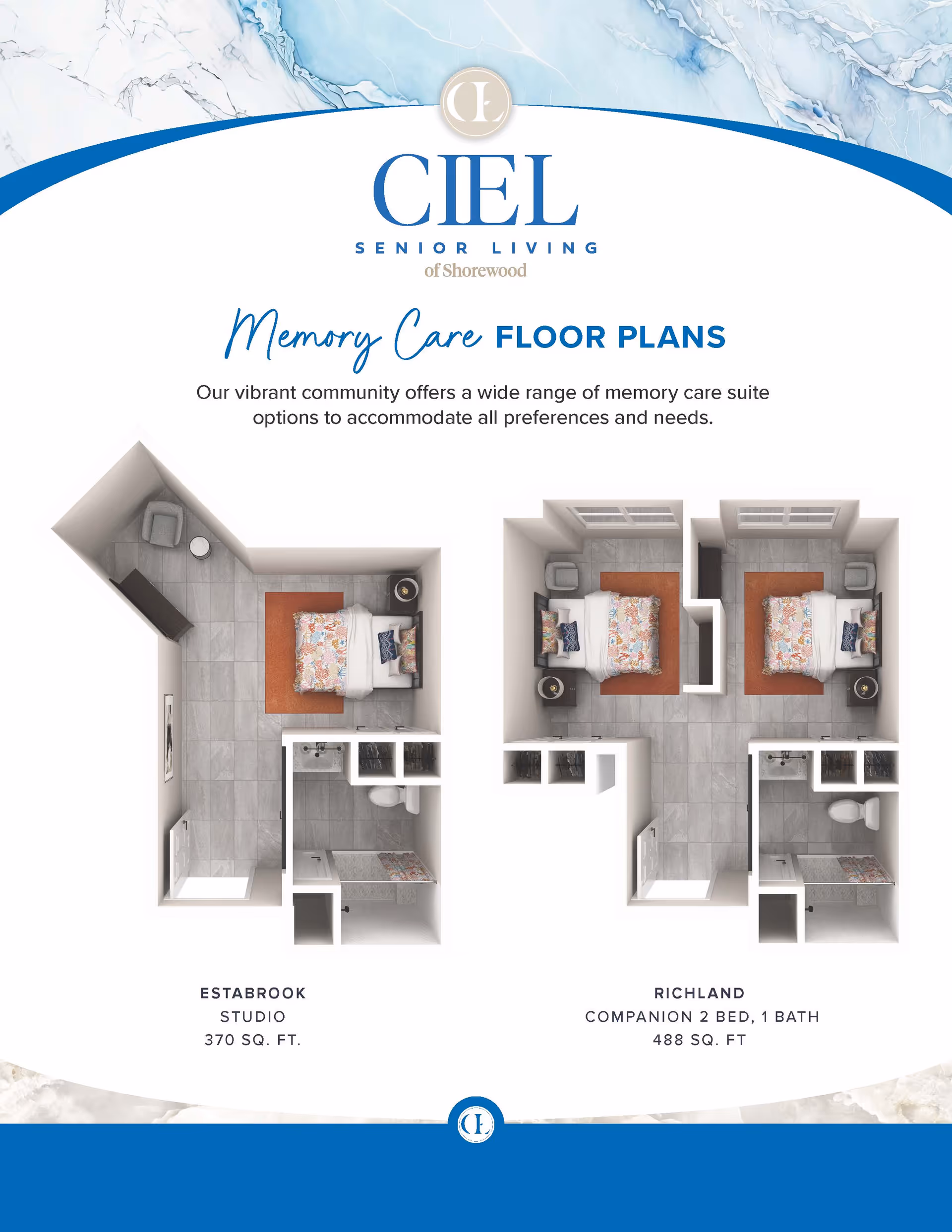 Floor plans for Ciel of Shorewood memory care suites showing two layouts: Estabrook Studio with 370 sq. ft. including a bedroom, bathroom, and sitting area; and Richland Companion 2 Bed, 1 Bath with 488 sq. ft. including two bedrooms, one bathroom, and a shared sitting area.