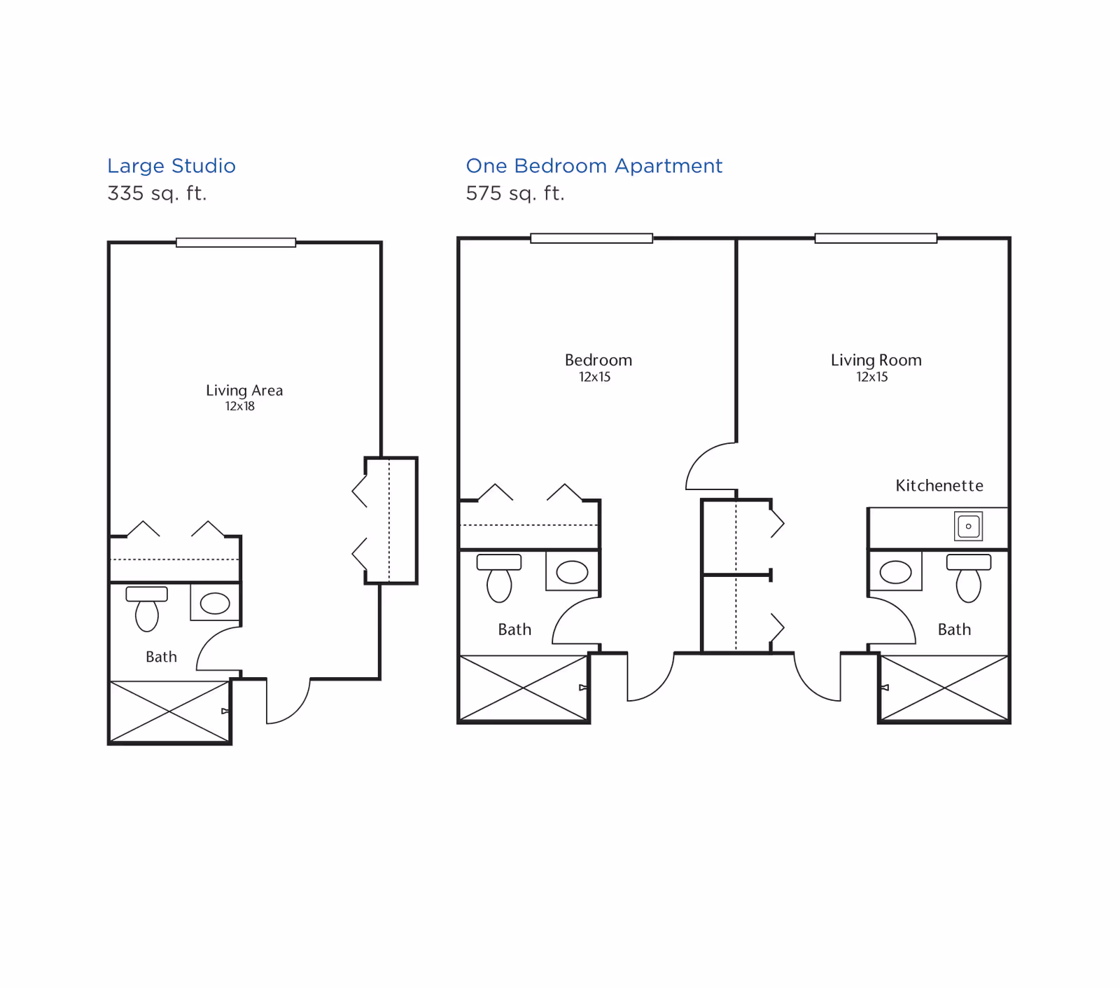 Floor plans showing two apartment layouts at Brookdale Canopy Oaks: a Large Studio with 335 sq. ft. featuring a living area and bath, and a One Bedroom Apartment with 575 sq. ft. including a bedroom, living room, kitchenette, and two baths.