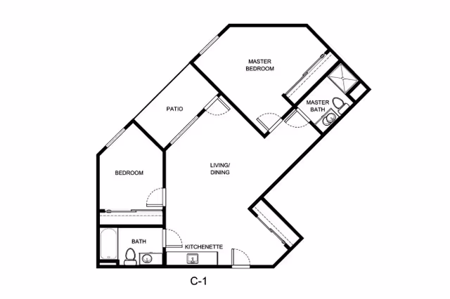 Architectural floor plan of a residential unit labeled C-1 at Solista Grants Pass, showing a master bedroom with attached master bath, a second bedroom, a bathroom, a kitchenette, a living/dining area, and a patio.