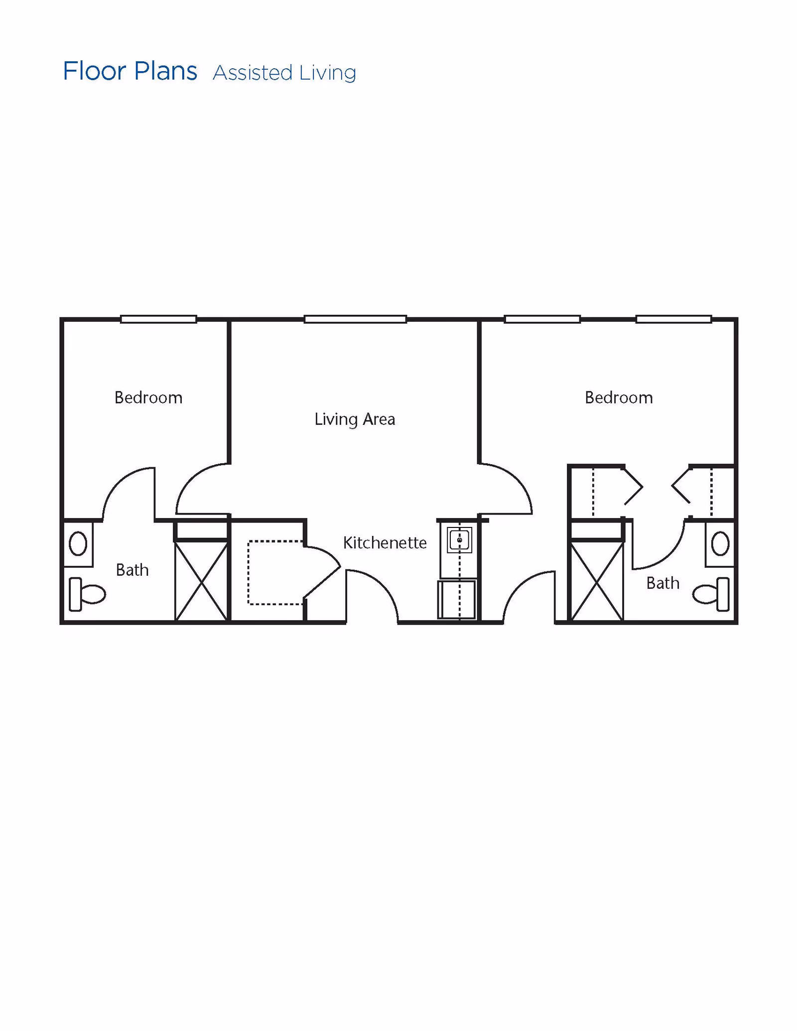 Floor plan layout for an assisted living unit showing two bedrooms, two bathrooms, a living area, and a kitchenette.