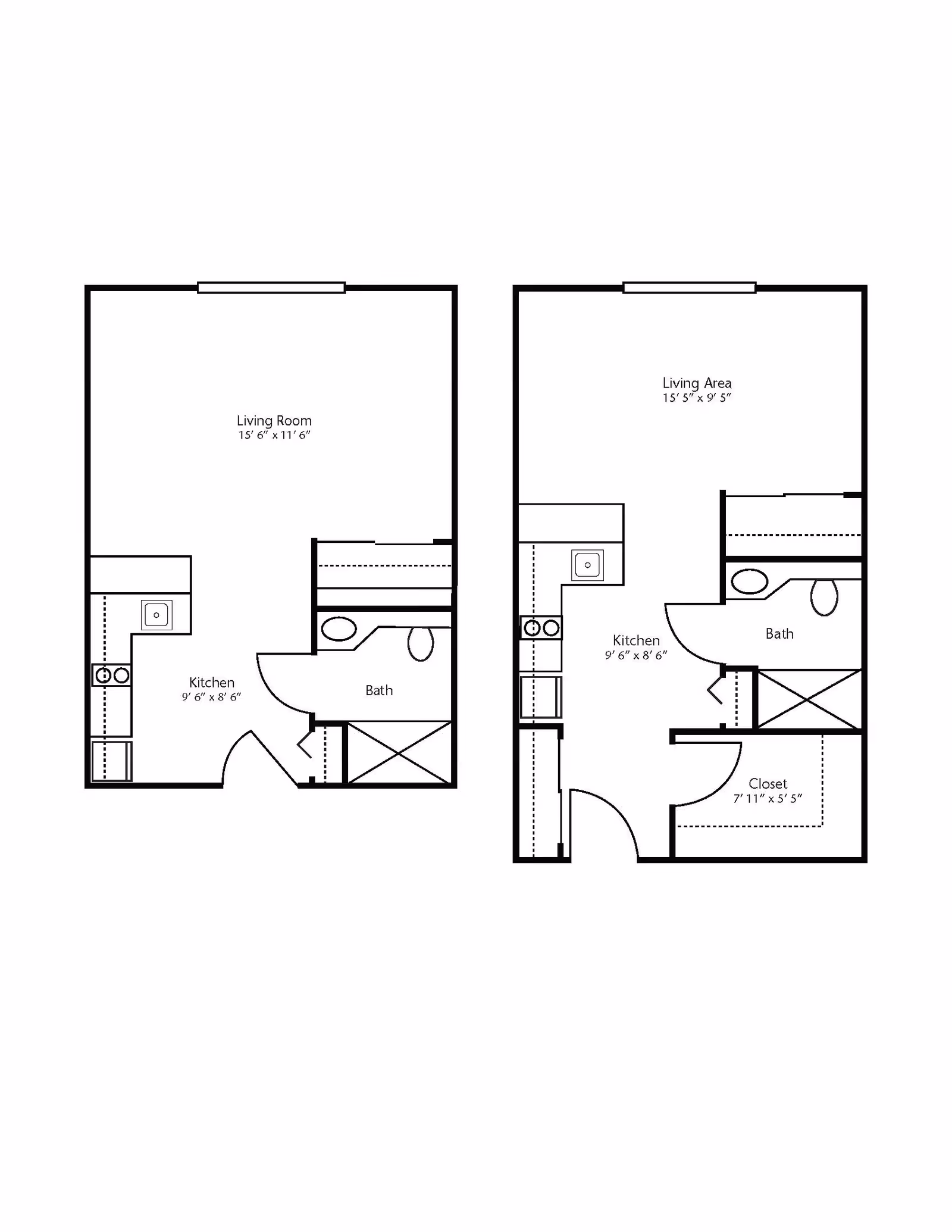 Architectural floor plan showing two studio apartment layouts with labeled areas including living room or living area, kitchen, bath, and closet with dimensions.