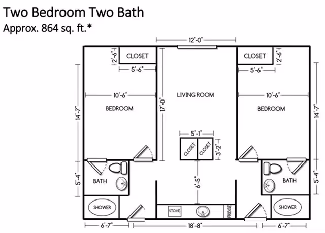 Architectural floor plan of a two-bedroom, two-bath apartment approximately 864 square feet, showing dimensions and layout including two bedrooms each with a closet, two bathrooms with showers, a living room, and a kitchen area with stove and fridge.