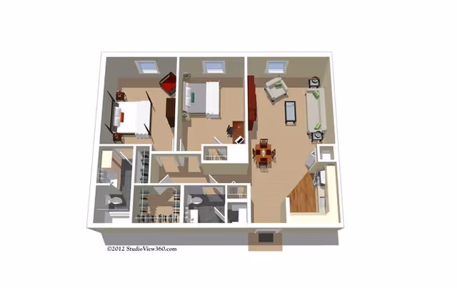 3D floor plan of a residential unit showing two bedrooms, two bathrooms, a living room with seating and a dining table, and a kitchen area. The layout includes windows in each room and a small entryway.