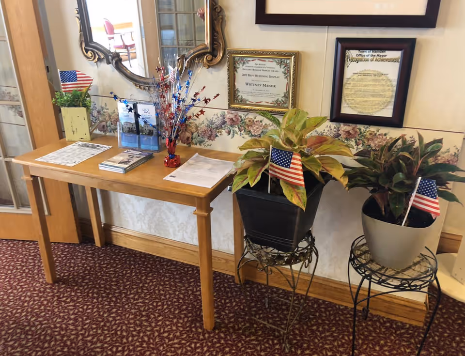 A wooden table against a wall with a decorative mirror above it. On the table are brochures, papers, and a patriotic decoration with red, white, and blue stars. To the right of the table are two potted plants with small American flags, each on a decorative metal plant stand. The wall has floral wallpaper and framed certificates or awards.