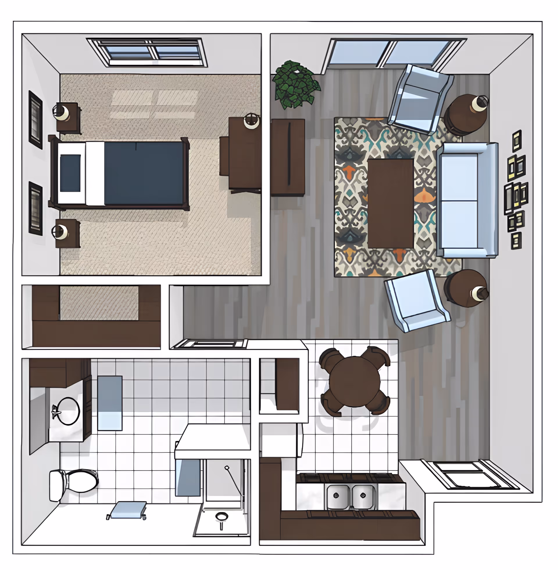 Top-down floor plan of a senior living apartment featuring a bedroom with a bed and nightstands, a living room with a sofa, two chairs, a coffee table, and a patterned rug, a kitchen with a round dining table and four chairs, and a bathroom with a toilet, sink, and shower.
