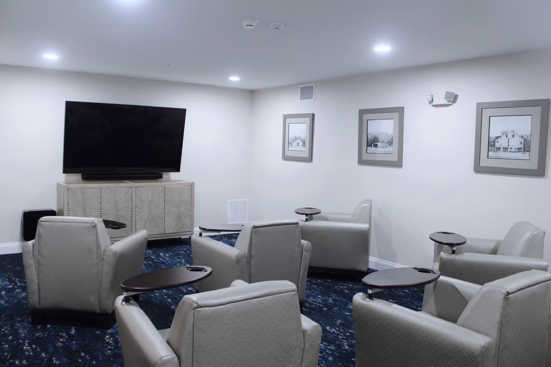 A small lounge area with six gray armchairs arranged in a semicircle facing a large flat-screen TV mounted on a light-colored cabinet. The room has white walls with three framed black and white pictures and a dark blue patterned carpet.