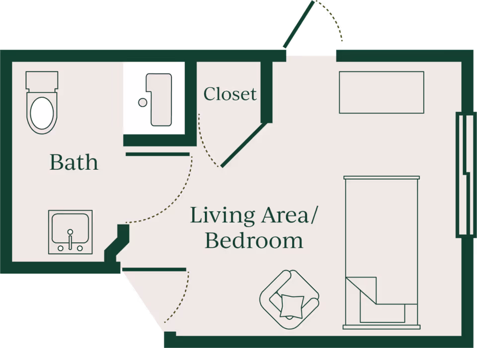 Floor plan of a small living space at Generations at Lewiston showing a combined living area and bedroom with a bed, chair, and table, a closet, and a separate bathroom with a toilet, sink, and shower.