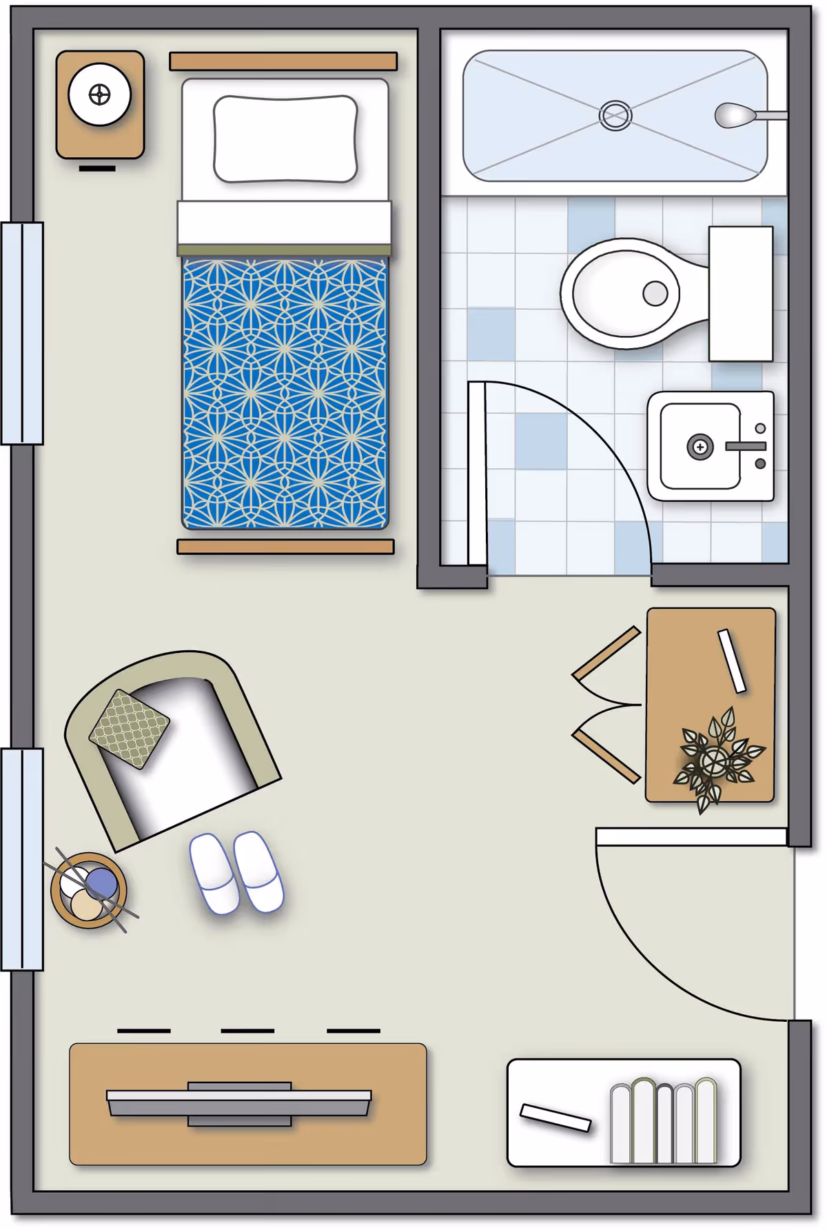 Top-down floor plan of a small senior living unit showing a bedroom area with a bed, nightstand, armchair, slippers, a desk with a chair and plant, a TV stand, and a bathroom with a bathtub, toilet, and sink.