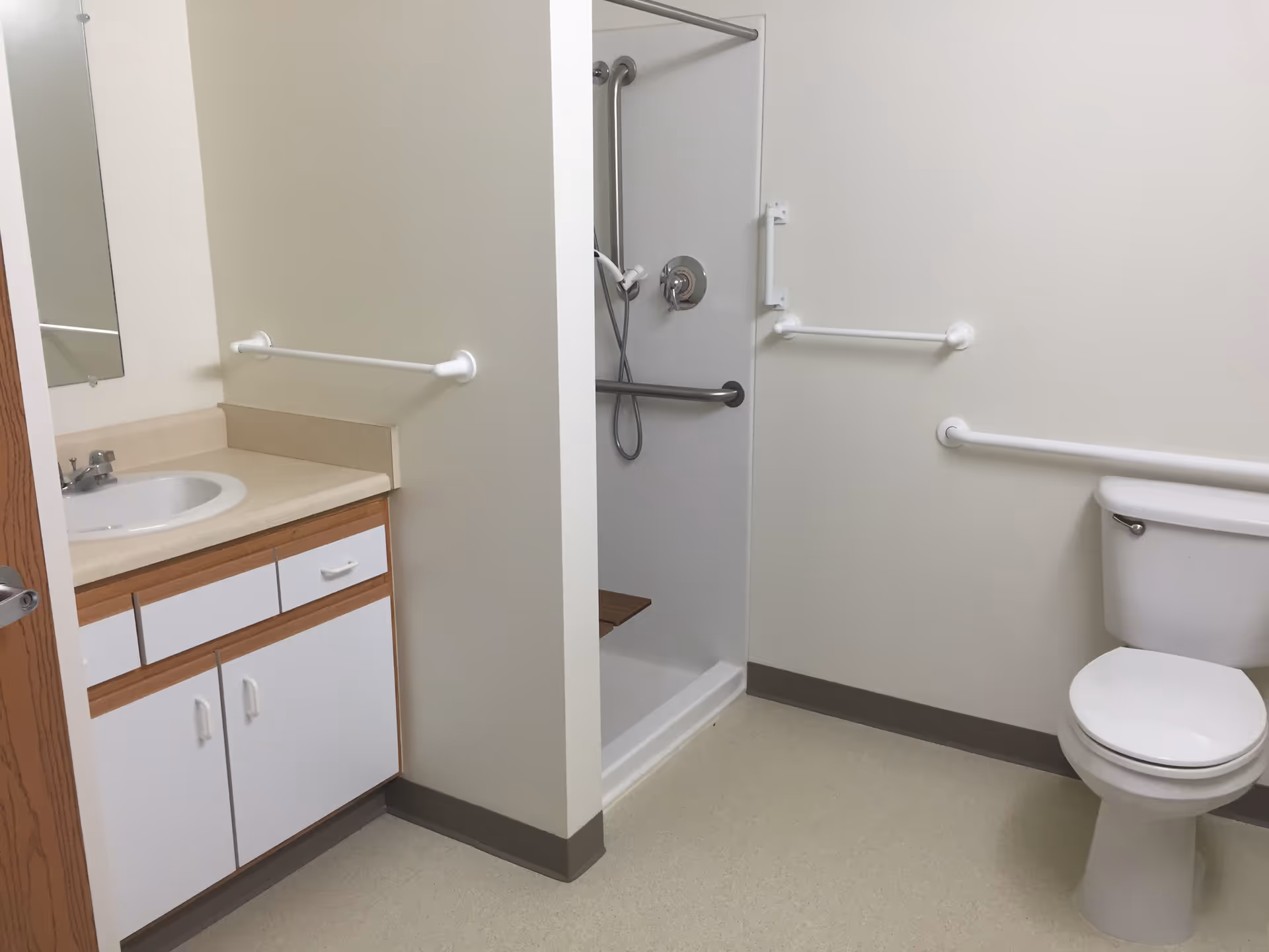 Accessible bathroom with a sink and vanity on the left, a walk-in shower with grab bars in the center, and a toilet with grab bars on the right.