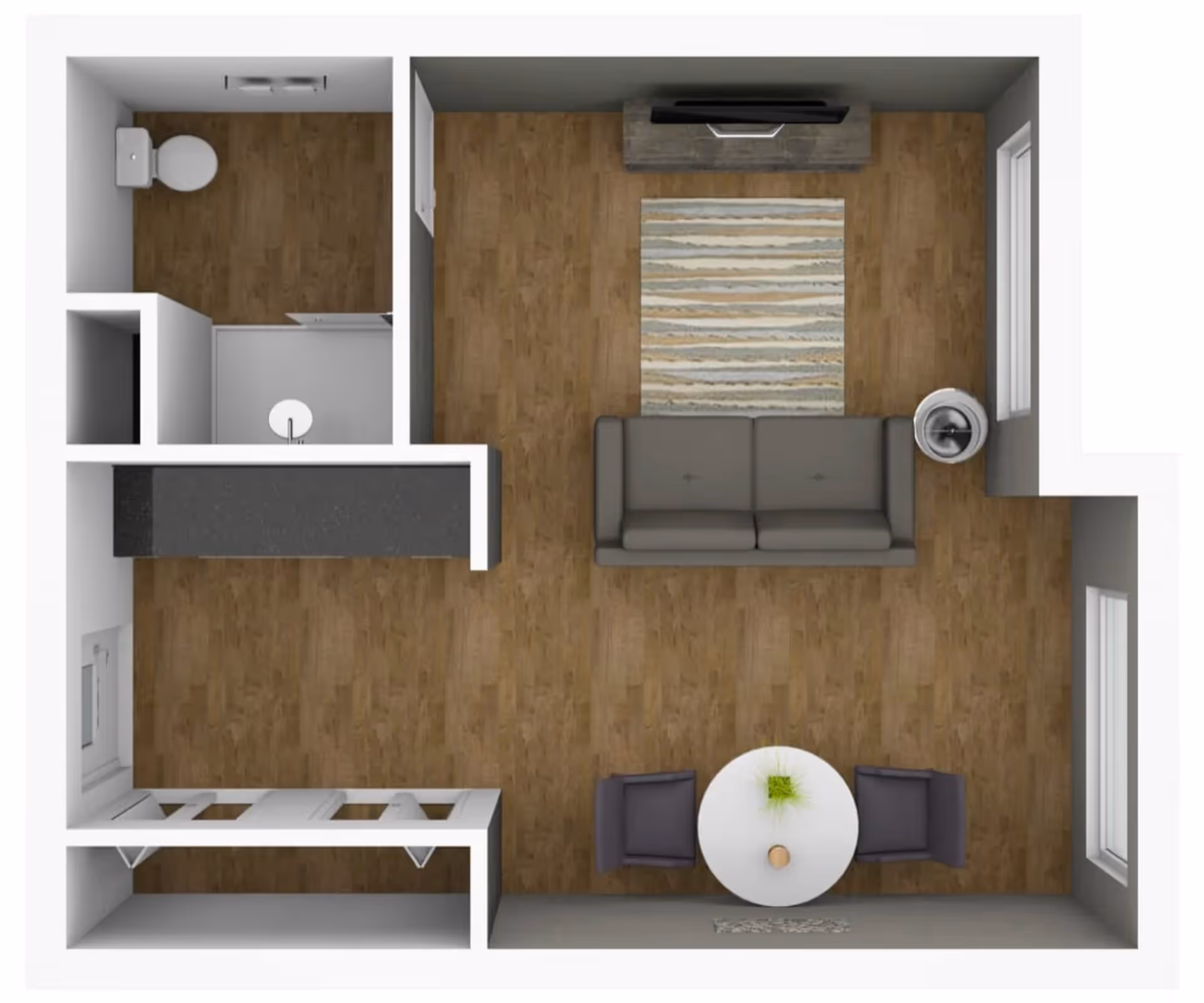 Top-down view of a small apartment floor plan showing a living area with a sofa, rug, TV stand, round table with two chairs, a bathroom with a toilet and shower, and a kitchen counter area.