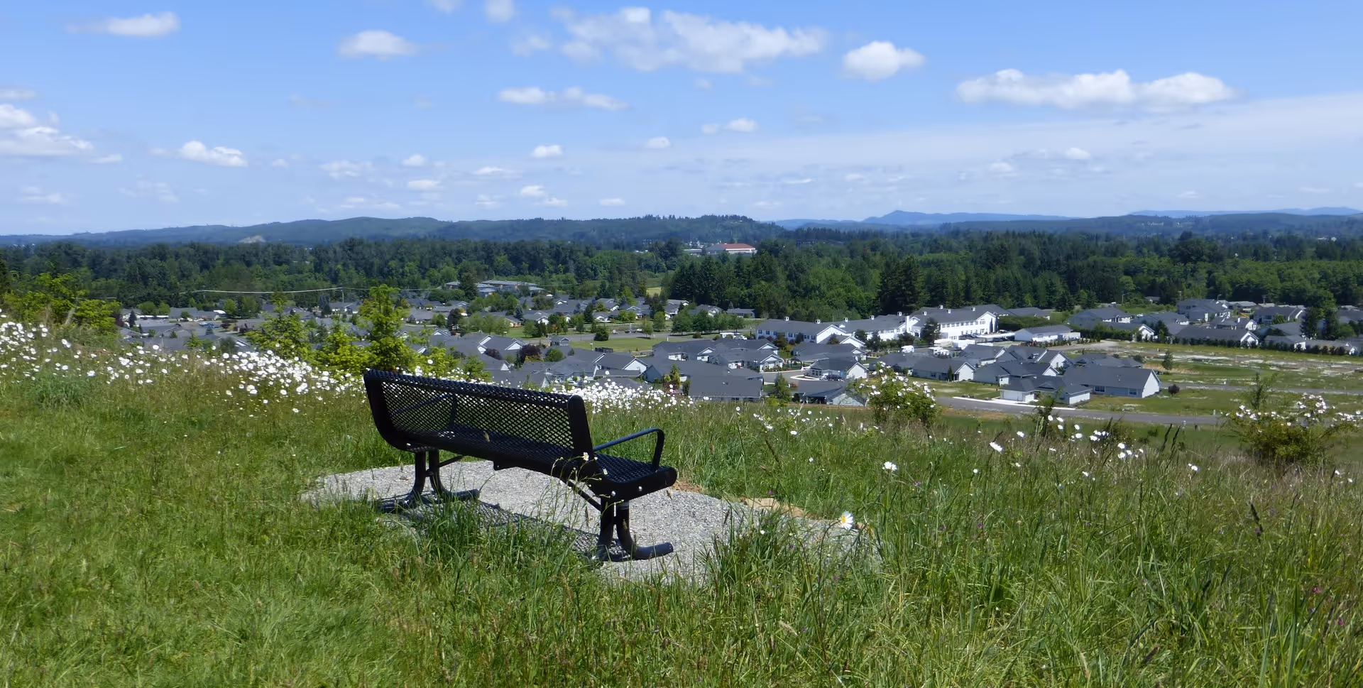 A lone metal bench on a grassy hillside overlooking a neighborhood, trees, and distant hills under a blue sky.